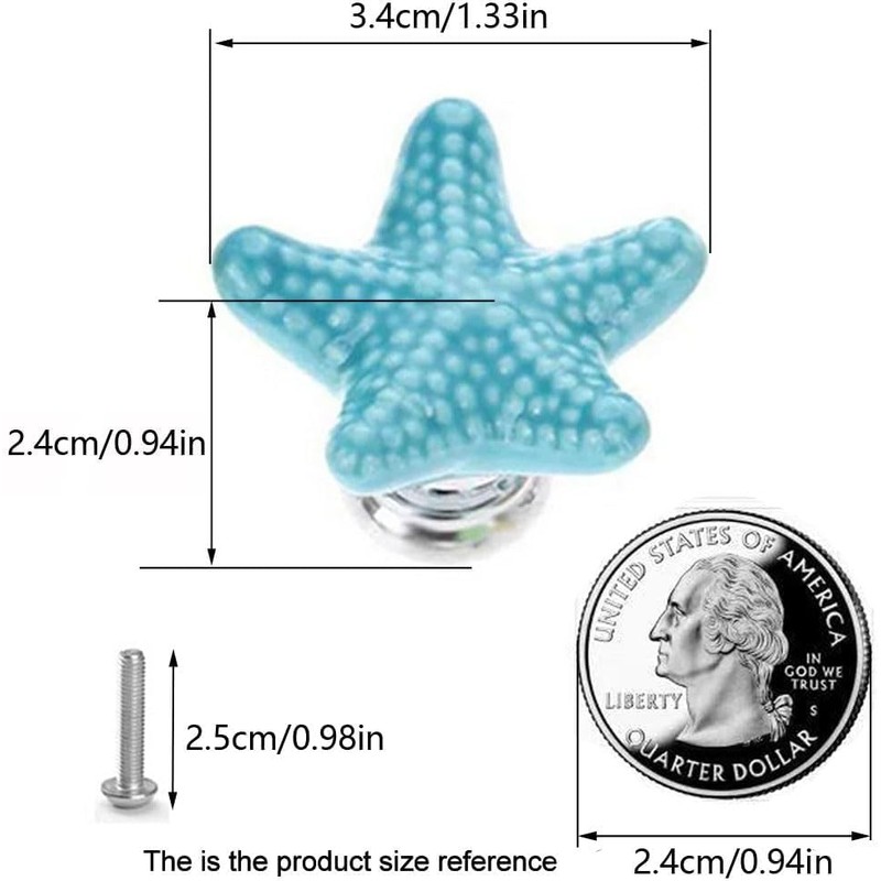 Seaside Themed Starfish Drawer Knobs Set of 4, 3.4cm Blue
