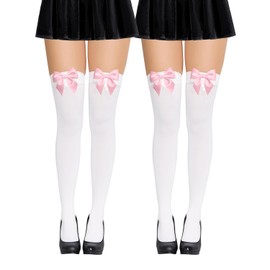 White Stockings with Bow Thigh High Stockings for Women White Knee High Socks Long Socks over the Knee Sock Bow Stocking Sheer Thighhigh Stocking Holloween Cosplay Costumes for Women
