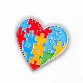Autism Awareness Heart-Shaped Enamel Badge – Silver Metal with Puzzle Design
