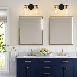 Lanmate 2-Light Bathroom Light Fixtures Black and Gold Vanity Light 13.8 inch Bathroom Lights Over Mirror with Clear Glass Globe Shade, Vanity Lights for Bathroom Kitchen Living Room