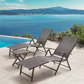 Crestlive Products Folding Patio Chaise Lounge Chair for Outside, Set of 2 with Table, Aluminum Adjustable Outdoor Pool Recliner Chair, Brown Frame, 8 Positions (Brown)