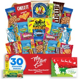 College Christmas Small Snack Box (31 Piece Variety Gift Basket Care Package) Chips, Candy, Peanuts, Popcorn, Cookies, Gummy Snacks, Chocolates and More - My College Crate