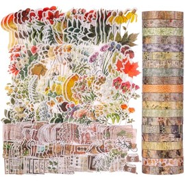 Dunzoom Paquete de suministros vintage para álbumes de recortes para diarios de chatarra 270 piezas de pegatinas de papel 20 rollos de cinta Washi vintage para estética DIY artes y manualidades diario