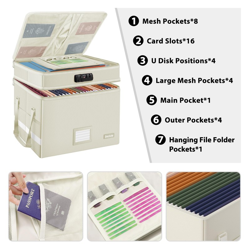 DocSafe File Box with Lock,Multi-Layer Fireproof Document Box Collapsible File