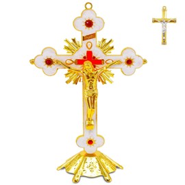 Jesus Altar Table Cross,Religious Crucifix Wall Decor with Stand,Metal Christian Wall-Mounted Ornament for Prayer,Catholic Ornaments
