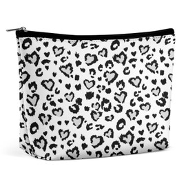 Women PU Leather Cosmetic Bag, Toiletry Storage 6.8x5.9x2.3 in Zipper Pouch Handbag Makeup Case Purse Holder Organizer Print Leopard Jaguar Skin with Grey Hearts Black Spots Animal Print