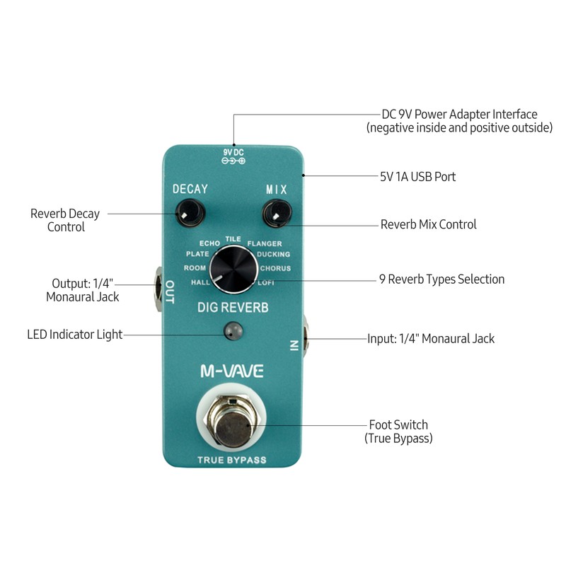 M-VAVE DIG REVERB Digital Reverb Guitar Effect Pedal 9 Reverb