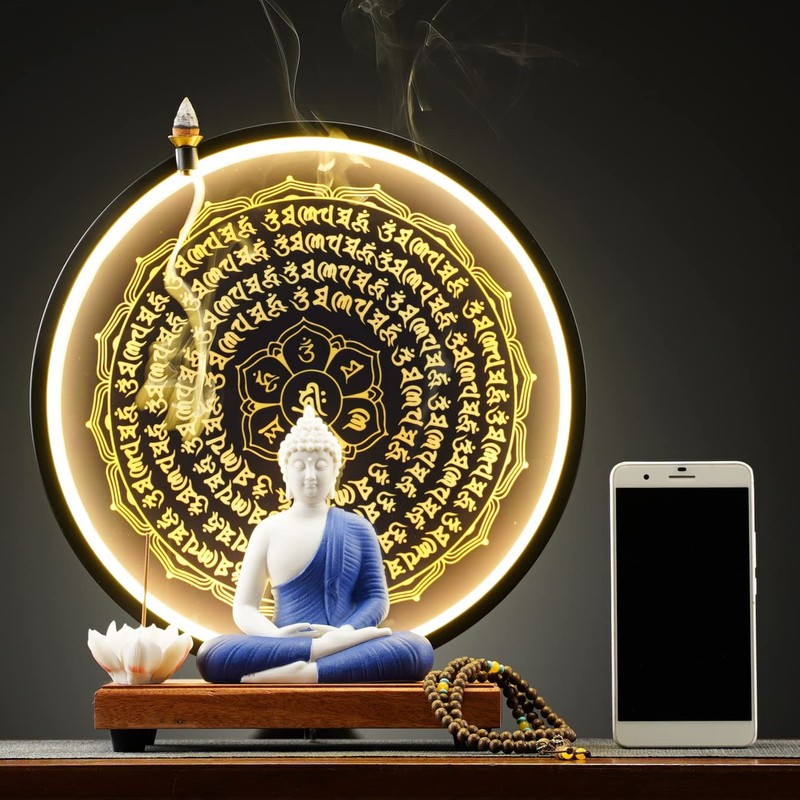 Houlu Blue Buddha Statue and Circle LED Table Lamp, Ceramic