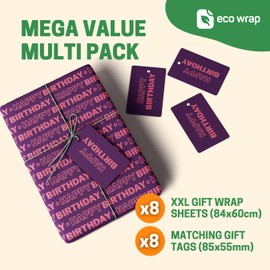 8 x Birthday Wrapping Paper for Women - HUGE 84cm x 60cm Premium Eco Pink & Purple Gift Wrap for Her, Girls, Mum, Wife, Sister or Friend (8 Sheets & 8 Tags)