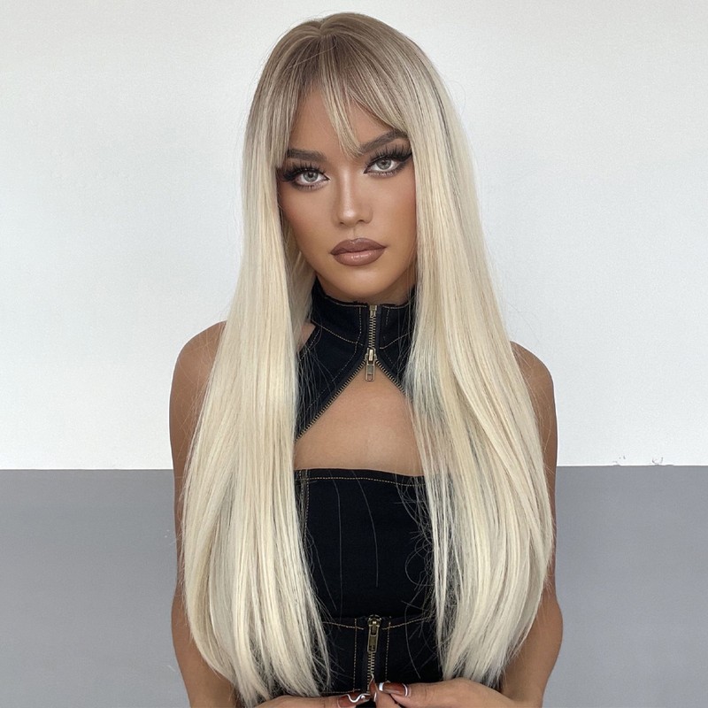 Long Black Wig Human Hair with Bangs and Wig Cap