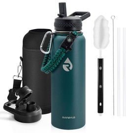 RAYMYLO Insulated Water Bottle 40 oz, Triple Wall Vacuum Stainless Steel (Cold for 48 Hrs), Leak Proof & Non-BPA, Modern Water Flask Jug with Paracord Handle & Straw Spout Lids, Dark Green