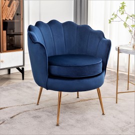 US Pride Furniture Velvet Barrel Chair, Stylish Accent with Scalloped Backrest and Gold Metal Legs, Suitable for Traditional, Modern, and Contemporary Living Rooms, Navy Blue