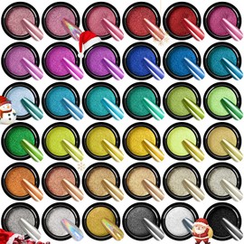 SAVILAND Chrome Nail Powder Set: 36 Colors Metallic Mirror Effect Holographic Chrome Nail Powder Iridescent Chameleon Pigment Manicure DIY Nail Art Decoration Glitter Dust with Sponge Brushes Home Use