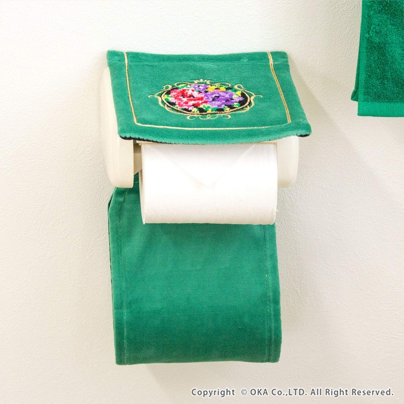 OKA Chenille Rose Paper Holder Cover Green with Spare Holder