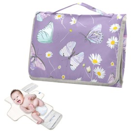 Portable Changing Pad for Baby - Butterfly Purple Waterproof Diaper Changing Mat Travel Changing Pad with Built-in Pillow - Shower Gift for Baby