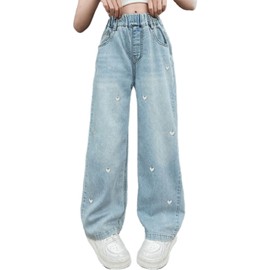Milokado Kids Girls Baggy Jeans Heart Print Casual Wide Leg Loose fit Denim Pants Size 5-14 Years(Blue-Heart Patch, 10-12 Years)