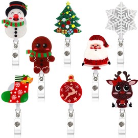 JANYUN 8 Pack Christmas Badge Reels Retractable, Xmas Nurse Badge Holder ID Name Card with Alligator Swivel Clip, Cute Elk Snowman Snowflakes Tree Badge Holder for Nurse Glitter Decorative Metal Clip