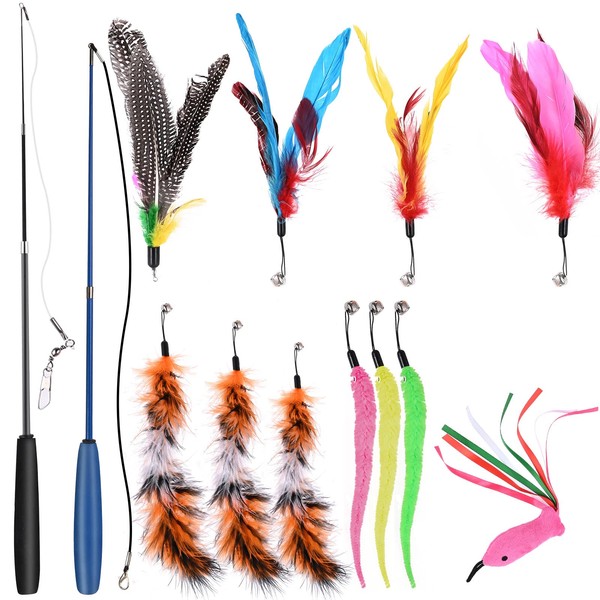 GOLDGE Feather Toy for Cats 13 Pieces, Retractable Fishing Rod Toy 2 Sticks with 11 Replacement Feathers Refills, Interactive for Indoor Cats and Kittens
