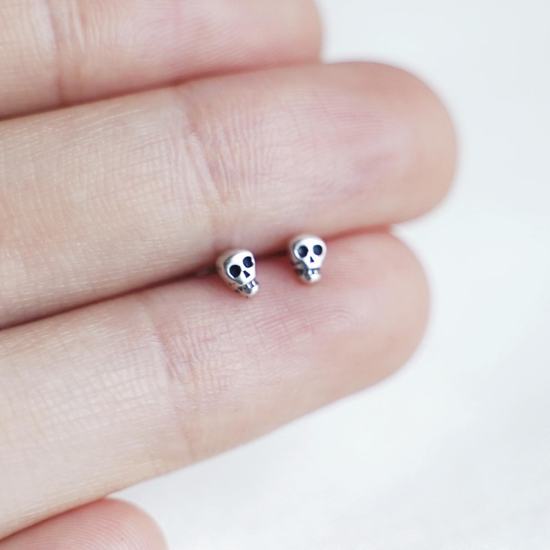 Sterling Silver Oxidized Mini Punk Gothic Skull Statement Unisex Stud