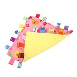 BESPORTBLE 1Pc Pink Flower Tag Blanket for Boy Girl Soft Plush Security Blanket with Colorful Tags Sensory Soothing Comfort for Newborns Nursery Accessory