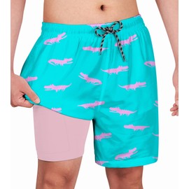 Cozople Crocodile Swim Shorts with Boxer Brief Liner Bright Blue Swimming Trunk Compression Quick Dry Swimwear Anti Chafe Stretchy Boardshorts Size 10-12