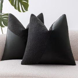 SINYASAN Boucle Throw Pillow Covers 24"x24" Set of 2, Charcoal Black Decorative Textured Cushion Covers with Faux Leather Patchwork, Boho Farmhouse Accent Pillowcases for Organic Aesthetic Home Decor