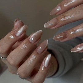 Medium Almond Press on Nails MABKJLF Nude Pink Fake Nails False Nails with Glitter Designs Sparkly Solid Colour Glossy Glue on Nails Natural Nails Stick on Nails for Women Girls 24Pcs