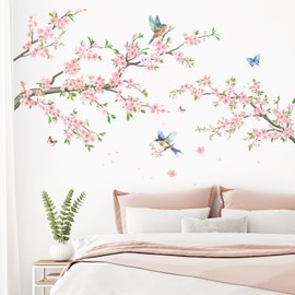 SHUCHING Pink Flower Wall Decals Peel and Stick, Vinyl Cherry Blossom Wall Sticker, Floral Wall Decor Art for Bedroom Living Room Office