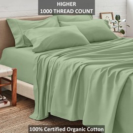 Neighbourhood Home 100% Real Certified Organic Cotton Bedsheet Set, Queen Size 6 Piece 1000 Thread Count Sheets Sets, Fits Mattress Upto 15" Deep Pocket - Sage