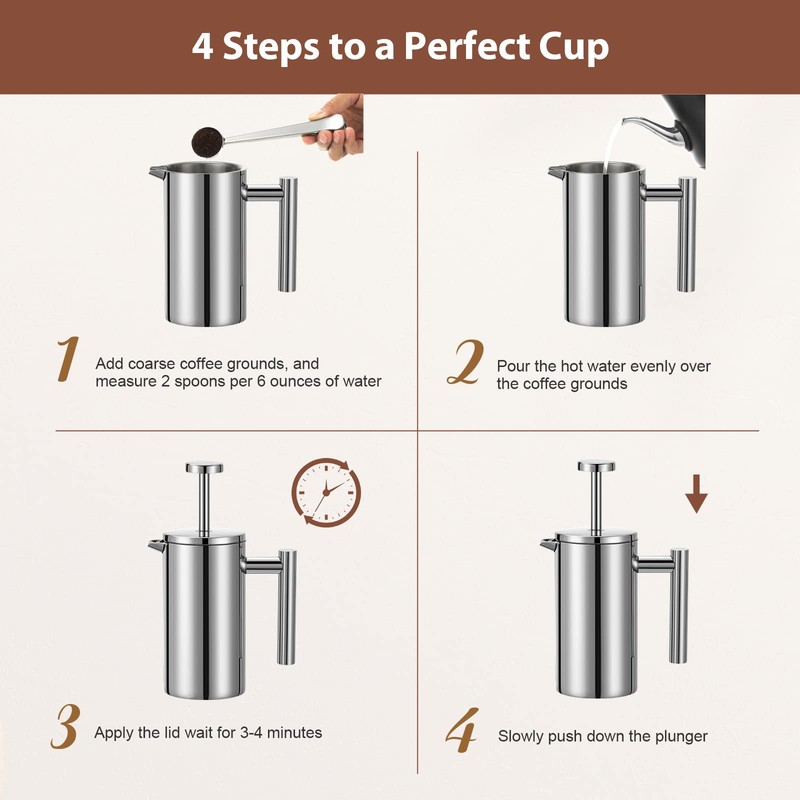 Meelio Stainless Steel French Press Coffee Maker, Double-Wall Insulated Large