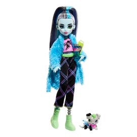 Monster High Creepover Party Doll, Frankie Stein with Pet Dog Watzie, Sleepover Clothes & Accessories like Pillow & Furry Robe