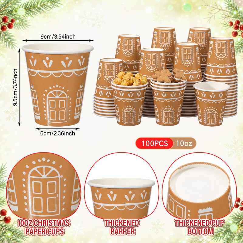 100 Pcs Christmas Gingerbread Paper Cups, 10 oz