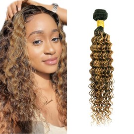 LadrXadr Highlight Human Hair Bundles 427 Deep Wave Bundle 14 inch Ombre Brown Human Hair Bundles #27 and #4 Color