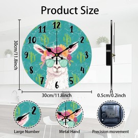 CHGCRAFT 12inch Alpaca Wall Clock Cute Cartoon Animal Round Wooden Wall Clock Silent Non Ticking Clock Farmhouse Wall Clock for Office Home Bedroom Living Room Bathroom Kitchen Decor