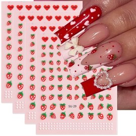 Strawberry Nail Art Stickers 3D Self-Adhesive Strawberry Nail Decals Summer Nail Art Decorations Supplies 4PCS Cute Strawberries Love Heart Kawaii Nails Design Manicure Sticker Accessories for Women