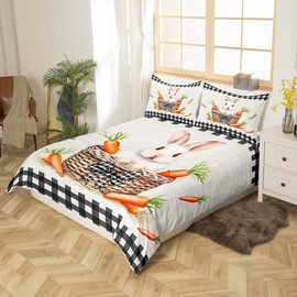 Cute Rabbit Kids Duvet Cover Set King Size,Carrots Happy Easter Spring Bedding Set,Girls Boys Room Decor,Geometric Grids Patchwork Comforter Cover,Colorful Cartoon Quilt Cover,2 Pillowcases
