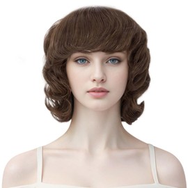 PARXITN Pixie Cut Wig for Women Short Curly Wig with Fringe Brown Natural Synthetic Layered Hair Wig for Costume Cosplay Daily
