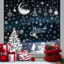 Enwokran Christmas Window Stickers, 200pcs Reusable Santa Claus Christmas Window Decals for Xmas Decorations Double Side Christmas Snowflake Window Clings for Home Office (9 Sheets, 20 * 30cm)
