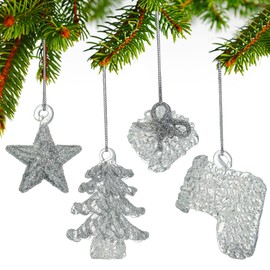 Christmas Tree Hanging Decoration Pendant Set of 4 Mini Spun Glass 2022 Xmas Tree Ornaments(Silver)