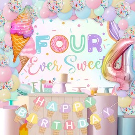 Four Ever Sweet Ice Cream Donut 4th Birthday Decorations for Girl We All Scream 4 Ice Cream Backdrop Banner Macaron 4 Year Old Baby Shower Birthday Party Supplies