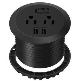 TOPGREENER Desktop Power Grommet with 65W PD Fast Charging USB C, GaN Desk Grommet for MacBook, 2 USB-A Ports and Duplex Receptacles, 3” Diameter Power Grommet, TTRP48APD60-BK, Black