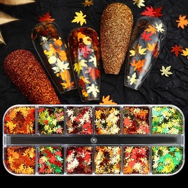 12 Grids Autumn Maple Leaf Nail Art Glitter Sequins Fall Holographic Mixed Color Leaf Confetti Nail Glitter Flakes Sparkle Glitter Nail Glitter Sequin Thanksgiving Nail Art Supplies for Women