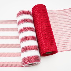 KINGLAKE Mesh Ribbon for Wreaths Red and White Stripe Metallic Mesh Ribbon 10 Inch x 30 Feet(10Yard) 2 Rolls Clearance Red White Valentine's Day Deco Mesh for Xmas Tree Swags and Home Decoration