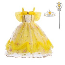 Coyhoim Little Girls Princess Costume Dress up with Accessories, Yellow (BelleQ03, 9~10 years)