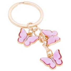 craspire Pack of 3 Pink Butterfly Key Chains Butterflies Key Chains Bulk Golden Metal Zinc Alloy Enamel Glittering Crystals Animal Pendant Key Chain