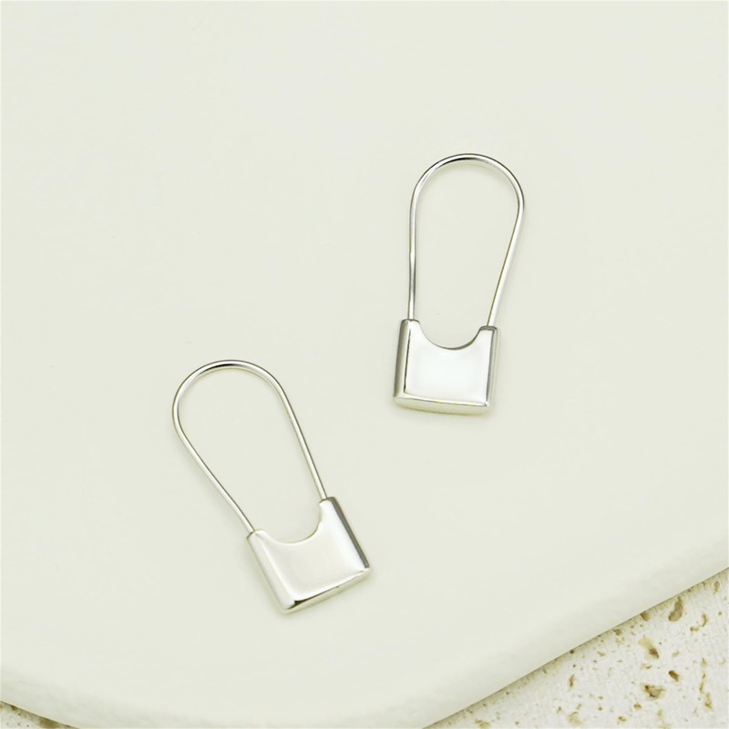 Sterling Silver Padlock Square Safety Pin Hoop Drop Cuff Earrings