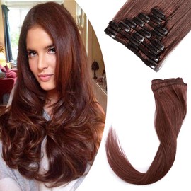 Benehair Clip in Remy Hair Extensions Human Hair Dark Auburn for Women 22 inch Seamless Clip on Real Hair Skin Weft Clip ins Thin 8pcs Standard Weft Long Straight Hairpieces for Full Head #33