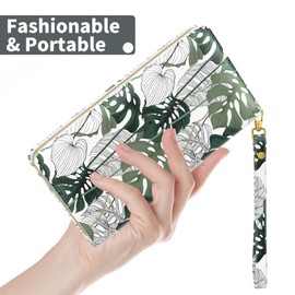 Nipichsha Womens Wallet, RFID Wristlet Wallet for Women, Cute Ladies Purse, Large Credit Card Clutch Wallets, Leather Card Holder Wallets with Zipper & Phone Holder, Monstera Deliciosa