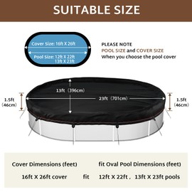iBirdie Winter Pool Cover fit 12' x 22', 13' x 23' Above Ground Oval Pools, Fade-Resistant Tear-Resistant Waterproof and Weatherproof for Outdoor Protection, Black, Fabric 500D