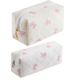 JOVAKIT - Bolsa de maquillaje acolchada para mujeres y niñas, bolsa de maquillaje de algodón coqueta floral con cierre, bolsa organizadora de almacenamiento de viaje, rosado, (Pink Bow Tie)